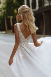 VLLUSISA A Line V-neck Sleeveless Wedding Dresses Beading Lace Appliqued Bridal Gowns