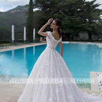 VLLUSISA Boat Neck Off Shoulder Ball Gown Wedding Dresses Beading Lace Bridal Gowns