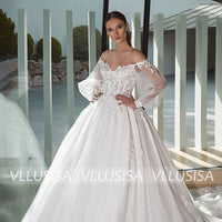 VLLUSISA Gorgeous Lace Ball Gown Wedding Dress Backless Puff Sleeve Princess Bridal Gown