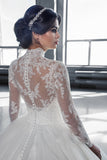 High Neck Long Sleeve Ball Gown Wedding Dress Lace Appliqued Muslim Bridal Gown