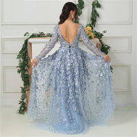 Fashion 3D Flower Lace Evening Dress Long Sleeve Sheath Evening Gown With Detachable Train