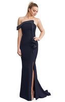 Latest Design Ruffled One Shoulder Evening Gowns Slit Backless Satin Evening Dresses