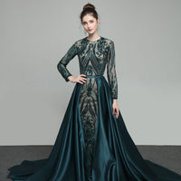 Real Photos Muslim Evening Dress With Detachable Train Sequined Moroccan Kaftan Formal Party Gown