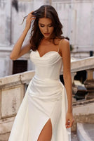 Sexy Slit Satin Wedding Dress Pleat Spaghetti Strap Wedding Gown With Detachable Train