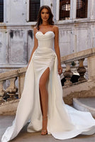 Sexy Slit Satin Wedding Dress Pleat Spaghetti Strap Wedding Gown With Detachable Train