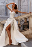 Sexy Slit Satin Wedding Dress Pleat Spaghetti Strap Wedding Gown With Detachable Train