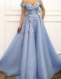 Custom-made Long Formal Evening Dress A Line Off Shoulder 3D Lace Flower Evening Gown