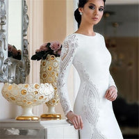 Gorgeous Long Sleeve Lace Satin Wedding Dress Sheath Reception Bridal Gown With Train