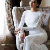 Gorgeous Long Sleeve Lace Satin Wedding Dress Sheath Reception Bridal Gown With Train