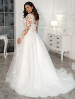 VLLUSISA Light Champagne Lace Appliqued Bridal Gown A-Line Long Sleeve Plus Size Wedding Dress