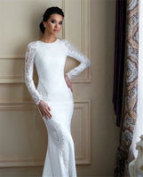 Gorgeous Long Sleeve Lace Satin Wedding Dress Sheath Reception Bridal Gown With Train