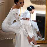 Gorgeous Long Sleeve Lace Satin Wedding Dress Sheath Reception Bridal Gown With Train