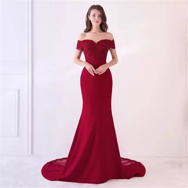 Fashion Off Shoulder Mermaid Evening Dresses Women Beading Lace Top Evening Gowns