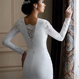 Gorgeous Long Sleeve Lace Satin Wedding Dress Sheath Reception Bridal Gown With Train