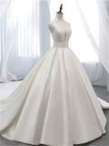 Custom Made V-Neck Sleeveless Ball Gown Wedding Dress Simple Satin Bridal Gown With Tail