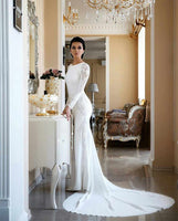 Gorgeous Long Sleeve Lace Satin Wedding Dress Sheath Reception Bridal Gown With Train