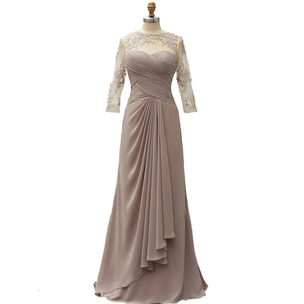 Elegant Long Sleeve Mother Of The Bride Dress Pleated Lace Chiffon Formal Wedding Party Dress