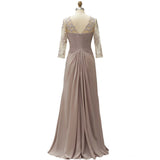 Elegant Long Sleeve Mother Of The Bride Dress Pleated Lace Chiffon Formal Wedding Party Dress