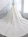 Custom Made V-Neck Sleeveless Ball Gown Wedding Dress Simple Satin Bridal Gown With Tail