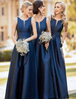 High Quality Simple Sleeveless Satin Bridesmaid Dresses Maid Of Honor Gowns With Pocket