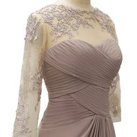 Elegant Long Sleeve Mother Of The Bride Dress Pleated Lace Chiffon Formal Wedding Party Dress