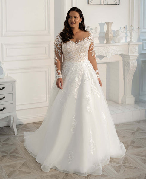 VLLUSISA Light Champagne Lace Appliqued Bridal Gown A-Line Long Sleeve VLLUSISA Light Champagne Lace Appliqued Bridal Gown A-Line Long Sleeve