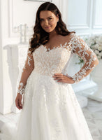 VLLUSISA Light Champagne Lace Appliqued Bridal Gown A-Line Long Sleeve Plus Size Wedding Dress