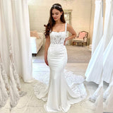 Elegant Spaghetti Strap Lace Satin Wedding Dresses Sheath Bridal Gowns With Chapel Train