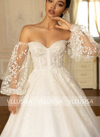 Fascinating Strapless Beading Lace Bridal Gown A-line Lantern Sleeve Wedding Dress With Chapel Train