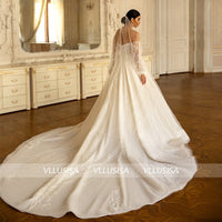 Fascinating Strapless Beading Lace Bridal Gown A-line Lantern Sleeve Wedding Dress With Chapel Train