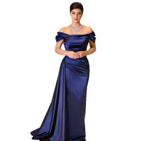 Ruched Mermaid Evening Dresses Off Shoulder Satin Formal Evening Gowns With Ribbon