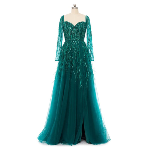 Luxury Tube Beaded Long Sleeve Evening Dresses Sequined Feather Formal Evening Gowns