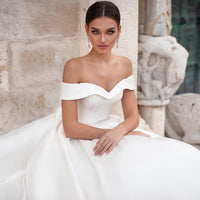 Fashion Off-shoulder Backless Satin Bridal Gown A-line Lace Up Wedding Dress With Crystal Sash