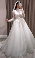 Fashion High Neck Long Sleeve Wedding Dress A-line Lace Appliqued Muslim Bridal Gown