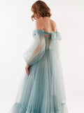 Ruched A Line Off Shoulder Puff Sleeve Evening Gowns Boho Dusty Blue Prom Dresses