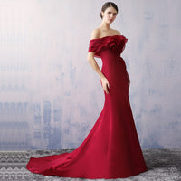 Simple Ruffled Sheath Wedding Dresses Custom Made Off Shoulder Satin Bridal Gowns