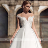 VLLUSISA A Line Beading Lace Bridal Gown Boat Neck Off Shoulder Satin Wedding Dress