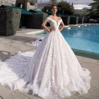 VLLUSISA A-Line Off Shoulder Bridal Gowns Beading Lace Flower Cathedral Wedding Dresses