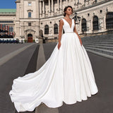 Sexy Backless Bridal Gown V-Neck Sleeveless Satin Wedding Dress With Crystal Sash