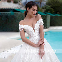 VLLUSISA A-Line Off Shoulder Bridal Gowns Beading Lace Flower Cathedral Wedding Dresses