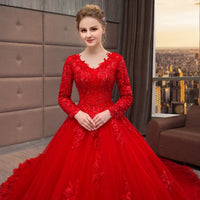 Delicate Long Sleeve Red Lace Petal Bridal Gown Sequined Ball Gown Wedding Dress