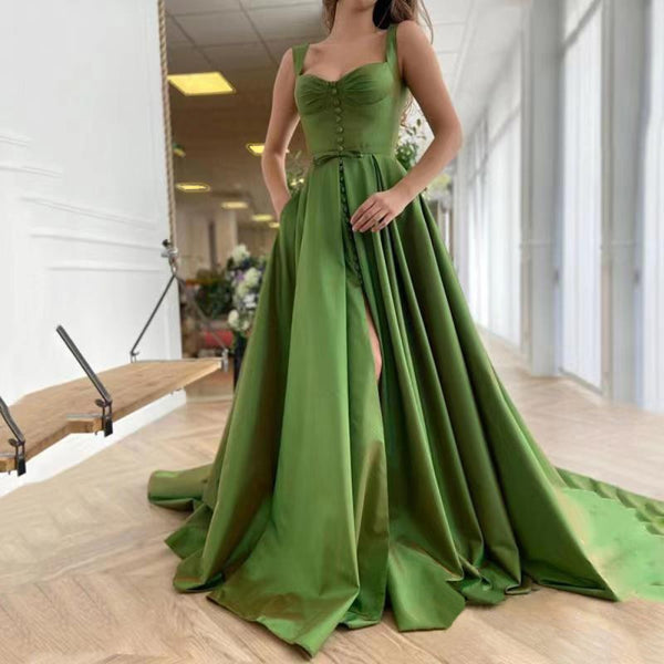 VLLUSISA A-Line Spaghetti Strap Backless Evening Dress Army Green Satin Formal Evening Gown