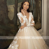 Sexy Deep V-neck Long Sleeve Beading Lace Bridal Gown Illusion Cut-out Ball Gown Princess Wedding Dress