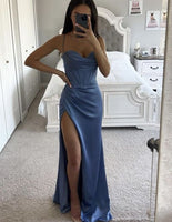 Fashion Bone Design Spaghetti Strap Satin Party Gowns Pleat Slit Backless Prom Dresses