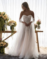 VLLUSISA Boho A-line Wedding Dresses Beading Lace Beach Bridal Gowns With Shoulder Straps