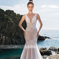 Sexy Deep V-neck Backless Bridal Gowns Mermaid Champagne Sequined Lace Wedding Dresses