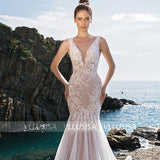 Sexy Deep V-neck Backless Bridal Gowns Mermaid Champagne Sequined Lace Wedding Dresses