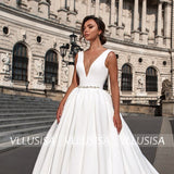 Sexy Backless Bridal Gown V-Neck Sleeveless Satin Wedding Dress With Crystal Sash