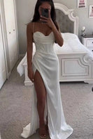 Fashion Bone Design Spaghetti Strap Satin Party Gowns Pleat Slit Backless Prom Dresses