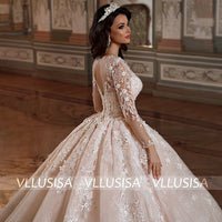 Gorgeous O-Neck Long Sleeve Bridal Gown Beading Lace Princess Ball Gown Wedding Dress